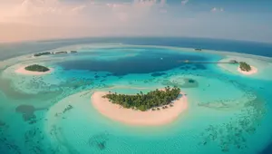 Aerial panoramic view of Maldives coral islands, turquoise lagoons, and shallow reefs.